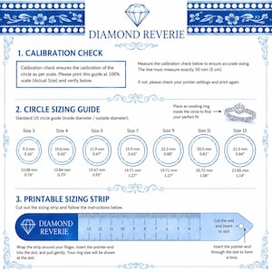 May include: A white informational ring sizing guide titled Diamond Reverie with blue floral borders. It includes a 50 mm calibration check, a circle sizing guide for US ring sizes 3 through 13 with metric and imperial measurements, and a printable strip.