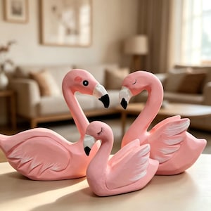 Hand Carved Flamingo Figurine, Pink Wood Decor, Tropical Shelf Accent, Housewarming Gift for Her