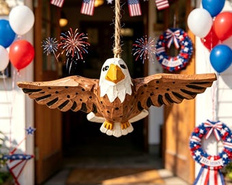 Hand Carved Wood Bald Eagle Hanging Ornament, Patriotic 4th of July Memorial Day Decor, Veteran Housewarming Gift