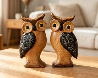 Pair Hand Carved Wooden Owl Figurines, Cottagecore Shelf Decor, Housewarming, Christmas & Halloween Gift
