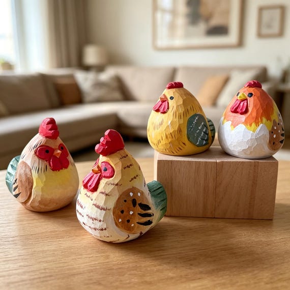 Wooden Chicken Figurine, Farmhouse Decor, Cute Hen Ornament, Thoughtful Housewarming Gift for Her