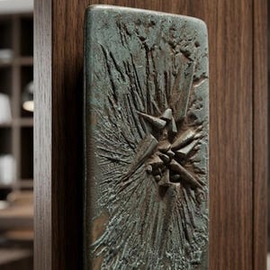 Könnte beinhalten: Ein rechteckiger Türgriff aus Metall mit einer verwitterten, oxidierten grünen und bronzefarbenen Patina. Die Oberfläche zeigt ein erhabenes, strukturiertes Relief in Sternform mit scharfen, strahlenden Linien und geometrischen Erhebungen.