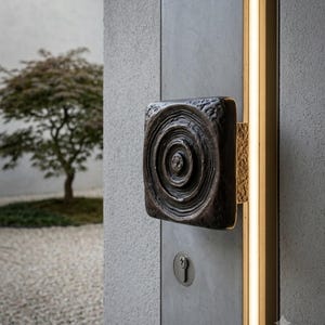 Könnte beinhalten: Ein quadratischer, dunkelbronzener Türgriff mit konzentrischem, texturiertem Kreismuster an einer grauen Tür. Der Griff hat einen goldfarbenen Seitenakzent und befindet sich über einem runden Schlüsselloch. Ein vertikaler Lichtstreifen verläuft am Rand.