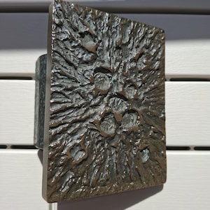 Peut inclure: Une poignée de porte texturée de couleur bronze, avec une face rectangulaire et une poignée cylindrique. La face présente un motif rugueux et organique avec plusieurs éléments circulaires en relief. La poignée est montée sur une surface blanche.