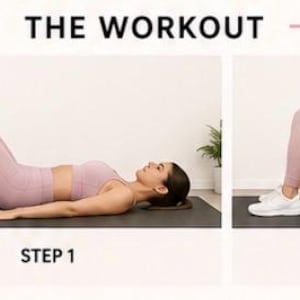 Puede incluir: Imagen que muestra el ejercicio de puente de glúteos. La imagen se divide en dos pasos, con los textos "STEP 1" y "STEP 2" debajo. El texto "THE WORKOUT" está en la parte superior. Las instrucciones están a la izquierda, incluyendo "3 SETS 12-15 REPS".