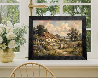 English Cottage Canvas Wall Art, Thatched Roof Flower Garden Painting, Cottagecore Decor