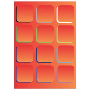 Könnte beinhalten: Ein lebendiges, abstraktes Design mit zwölf orangefarbenen, abgerundeten Quadraten auf einem roten Farbverlaufshintergrund. Jedes Quadrat hat einen subtilen Schatten, einige sind grün, blau oder weiß umrandet.