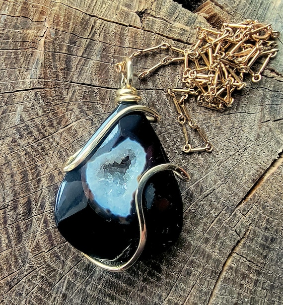 Black Druzy Agate Pendant, Gold Brass Wire Wrapped Statement Necklace (24" Chain)