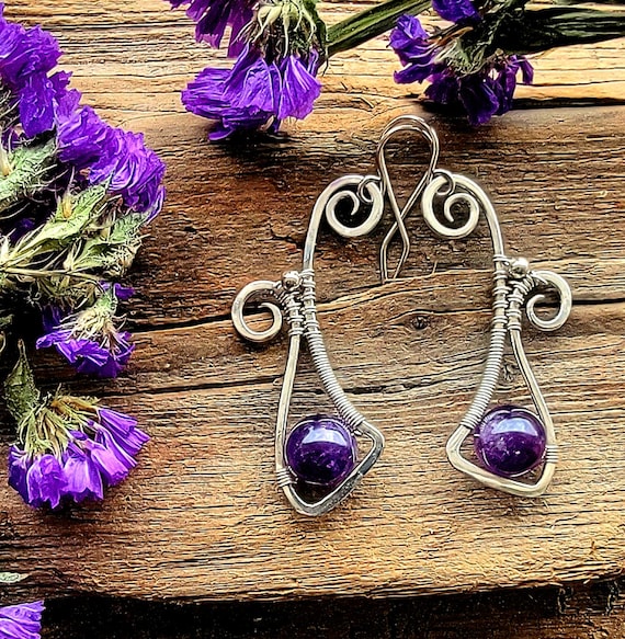 Large Bead Purple Amethyst and 940 Argentium Silver Angular Drop Earrings Statement