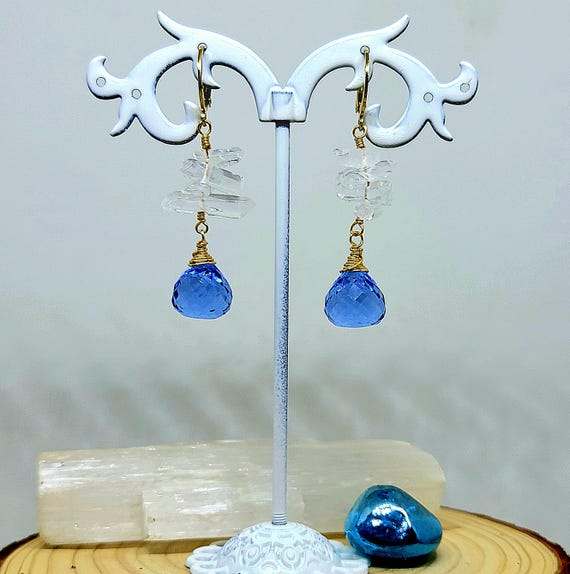 Blue Crystal Ice Gold Wire with Leverback Earrings