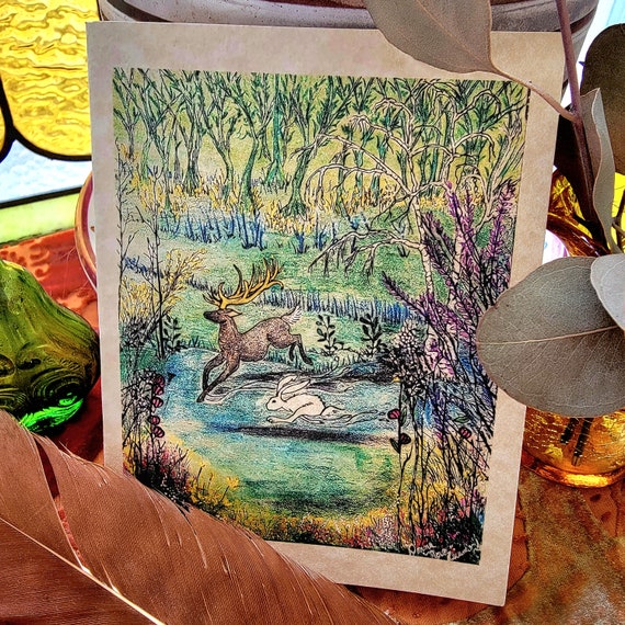 Woodland Creatures Racing Deer And Rabbit Forest Note Card