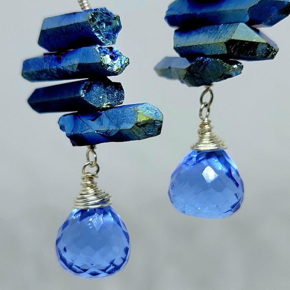 Blue Faceted Glass Briolette and Blue Aura Crystal Leverback Earrings