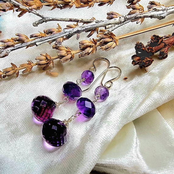 Large Purple Amethyst Faceted Briolette and Bead Earrings in 940 Argentium Silver Wire