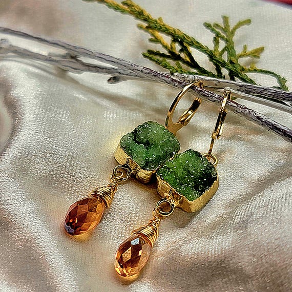 Green Druzy Quartz & Wire Wrapped Golden Crystal Drop Earrings Dipped in Gold