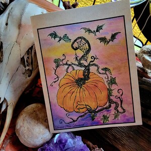 Spooky Halloween Pumpkin With Spider And Bats Blank Note Card