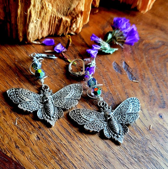 Gothic Death Head Moth Silver and Crystal or Pearl Earrings