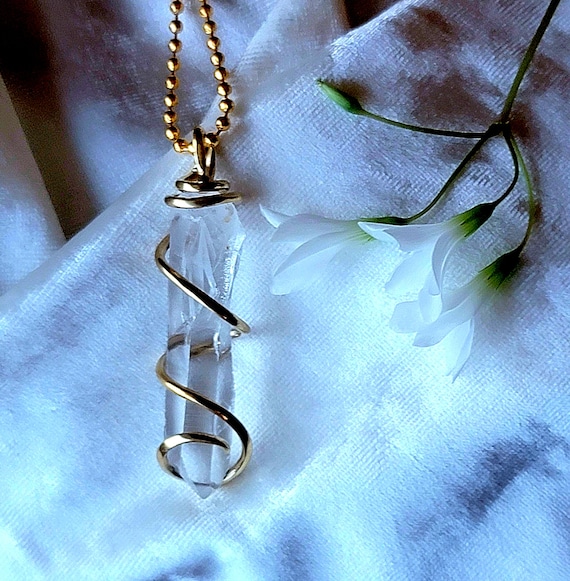 Natural Clear Quartz Crystal Point Gold Wire Wrapped Pendant Long Necklace For Men Or Women