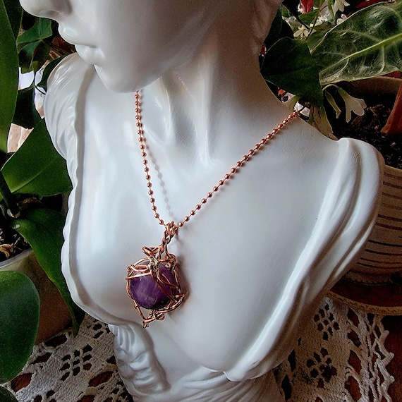 Natural Amethyst Round Cabochon Copper Pendant On 20 " Copper Ball Bead Chain