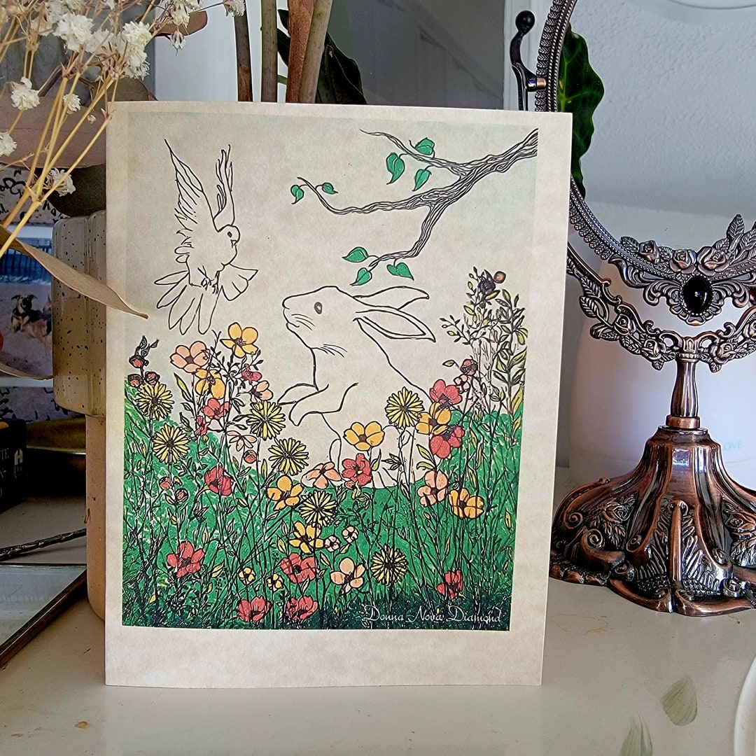 White Rabbit and White Dove Flowers Friendship Greeting Note Card - Etsy