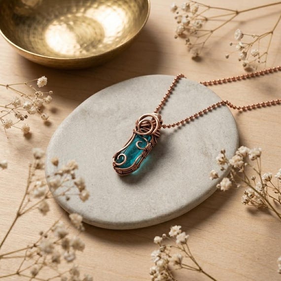 Teal Blue Aura Quartz Wire Wrapped Pendant In Raw Copper On 20" Ball-Bead Chain