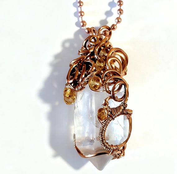 Wire Wrapped Clear Quartz Citrine Pendant, Raw Copper Free-Form Jewelry
