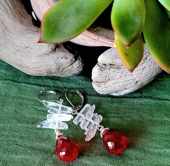 Red Ruby Glass and Crystal Drop Leverback Earrings