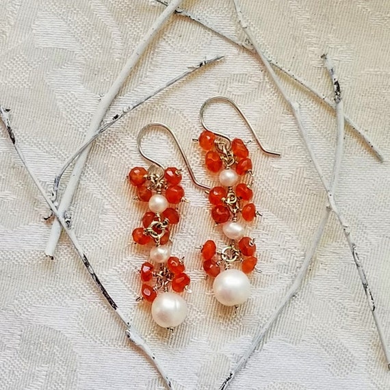 Natural Faceted Orange Carnelian And Freshwater Pearl Gemstone Long Dangle Earrings