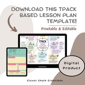 May include: A digital product graphic with the text "DOWNLOAD THIS TPACK BASED LESSON PLAN TEMPLATE! Printable & Editable." The image includes a tablet and a laptop displaying a lesson plan template and a circular "Digital Product" label.