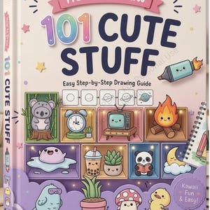 May include: A hardcover drawing guide titled How to Draw 101 CUTE STUFF with a subtitle Easy Step-by-Step Drawing Guide. The cover features colorful illustrations of a koala, alarm clock, television, campfire, boba tea, panda, and other characters.