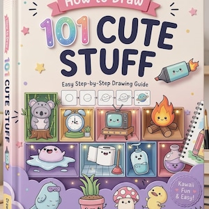 Op de afbeelding: Een hardcover tekenboek met de titel How to Draw 101 Cute Stuff. De kaft heeft een lichtcrème achtergrond met kleurrijke illustraties van een koala, wekker, televisie, kampvuur, toiletpapier, zeep en diverse planten en kleine dieren.