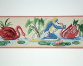 Full Vintage Wallpaper Border - TRIMZ - Pink Swans and Water Nymphs, Water Fairy and Water Lilies, Pink and Blue Magical Pond Scene - 4 inch