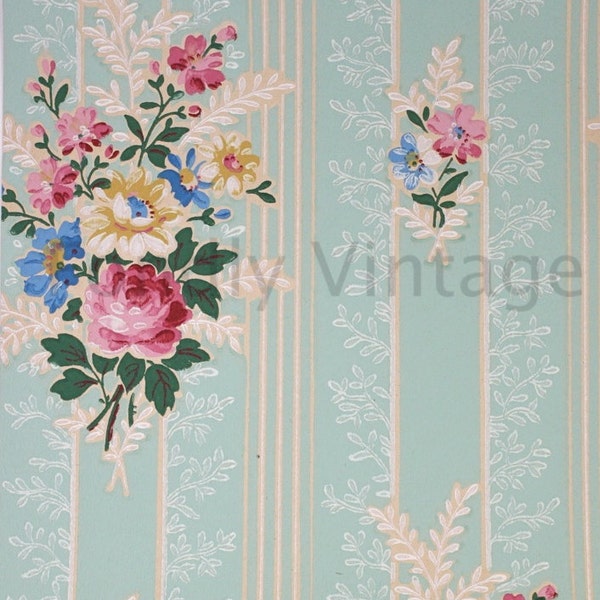 Build Your Own Custom Sample Vintage Wallpaper Packet- Single Scrap Sheet, 8 1/2 in. x 10 1/2 in. Page- Beautiful Rose Bouquet on Green