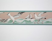 Full Vintage Wallpaper Border - TRIMZ - Pink and Blue Seagulls Ocean Coast with Sailboats, Seascape Bathroom Design