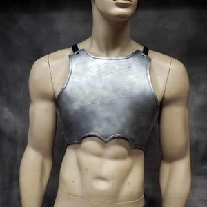 Könnte beinhalten: Ein silberfarbenes Lederbruststück mit einem dekorativen Design. Das Bruststück ist aus Leder gefertigt und hat einen Used-Look.