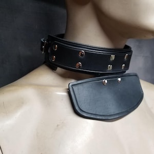 Könnte beinhalten: Ein schwarzes Lederhalsband mit silbernen Nieten und ein passendes schwarzes Lederhalsband mit silbernen Nieten.