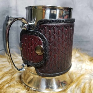 Dragonscale Leather Wrapped Tankard Leather wrapped Mug LARP ren faire mug beer stein Stainless holiday gift groomsmen gift dragon scale
