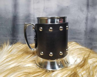 Studded Leather Wrapped Tankard Leather wrapped Mug LARP ren faire mug  beer stein 20oz Stainless Steel tankard holiday gift groomsmen gift