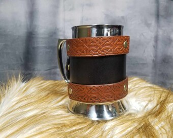 Celtic Leather Wrapped Tankard Leather wrapped Mug LARP ren faire mug  beer stein 20oz Stainless Steel tankard holiday gift groomsmen gift