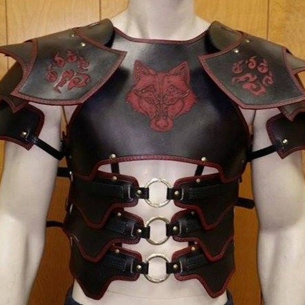 Leather Armor Tribal Wolf Chest Back & Shoulders Medieval cuirass breastplate Cosplay armor LARP armor Viking armor pauldron spaulder