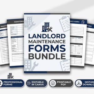 Puede incluir: Un paquete de formularios de mantenimiento para propietarios con una portada blanca y el texto en azul oscuro LANDLORD MAINTENANCE FORMS BUNDLE, junto con iconos de edificios y llaves inglesas. Cuatro páginas de documentos son visibles detrás.