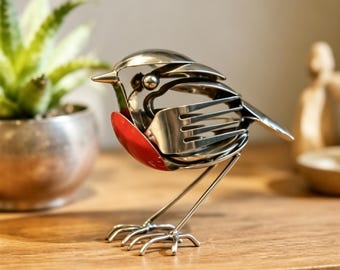 Upcycled Metal Robin Art Sculpture | Recycled Cutlery Spoon Fork Craft | Farmhouse Desktop Decor for Bird Lovers