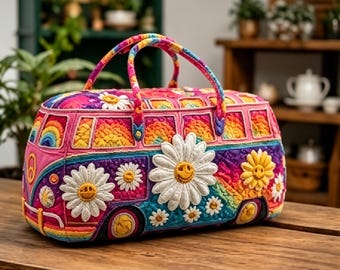Hippie Van Travel Duffel Bag – Vintage VW Bus Weekender Carry-On Canvas Unisex Boho Overnight Bag Folk Art Print Gift For Him Music Festival