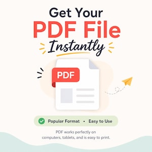 Pu&ograve; includere: Grafica con il testo "Get Your PDF File Instantly". Viene presentato un documento bianco con una scheda "PDF" rossa. La grafica include anche un aeroplanino di carta e il testo "Popular Format &bull; Easy to Use."