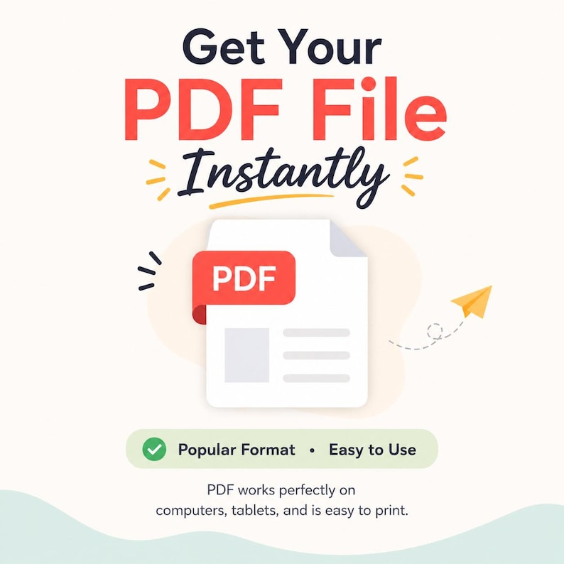 Pu&ograve; includere: Grafica con il testo "Get Your PDF File Instantly". Viene presentato un documento bianco con una scheda "PDF" rossa. La grafica include anche un aeroplanino di carta e il testo "Popular Format &bull; Easy to Use."