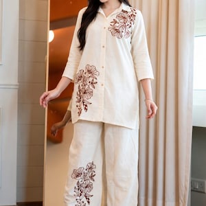 khadi Co-Ord Set for Women, Embroidered Shirt & Wide Leg Pants, Beige Two Piece Outfit, Casual Lounge Set, Gift for Her