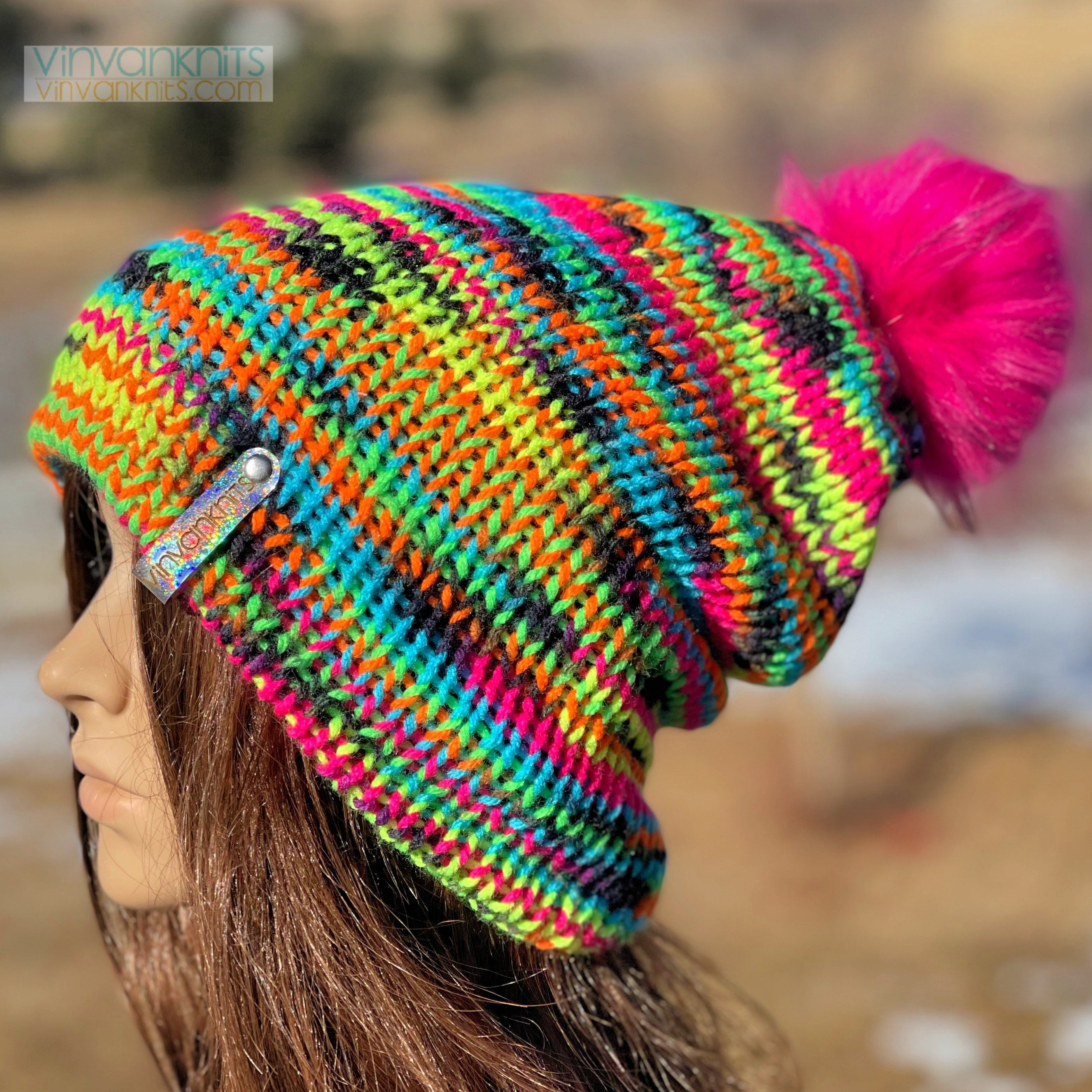 Neon Beanie Slouchy Hat Pom Pom Hat 