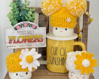 Daisy Marshmallow Mug Hats - Flower Hat - Pom Pom Hat - Marshmallow Mug Hats