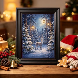 May include: A framed rectangular wall art print featuring a winter forest scene with a deer standing in the center, surrounded by snow-covered pine trees, glowing hanging lanterns, and a soft blue sky with a bright moon in the background.