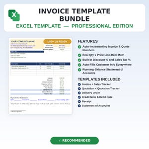 Puede incluir: Una plantilla de factura en Excel con un diseño profesional que incluye campos para el nombre de la empresa, detalles de facturación, descripciones de artículos, cantidades, precios unitarios y totales, además de una lista de funciones y plantillas.