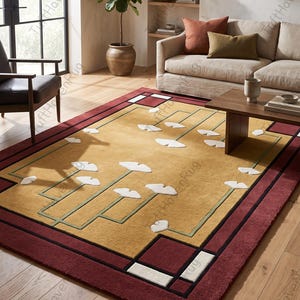 Alfombra geométrica, alfombra moderna en amarillo mostaza y burdeos, alfombra de arte abstracto para sala de estar o dormitorio.